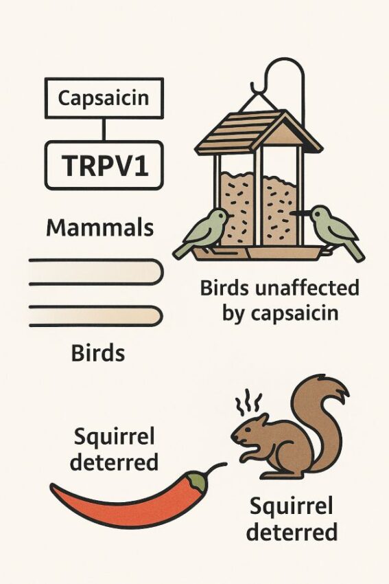 Bird feeder diagram showing birds unaffected by capsaicin and a squirrel deterred