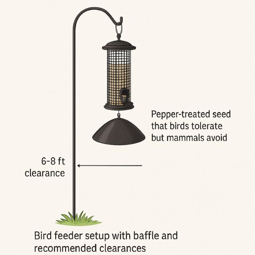 Bird feeder setup with baffle and recommended clearances