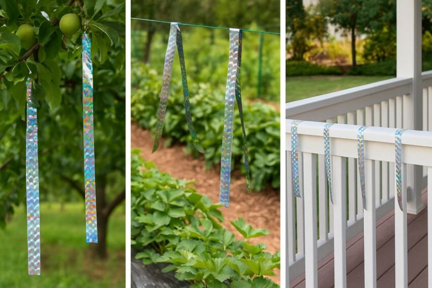 Bird scare tape used on a fruit tree, over a garden row, and along a porch railing