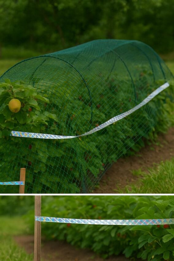 Bird tape reducing scouting while netting protects a high-value berry row