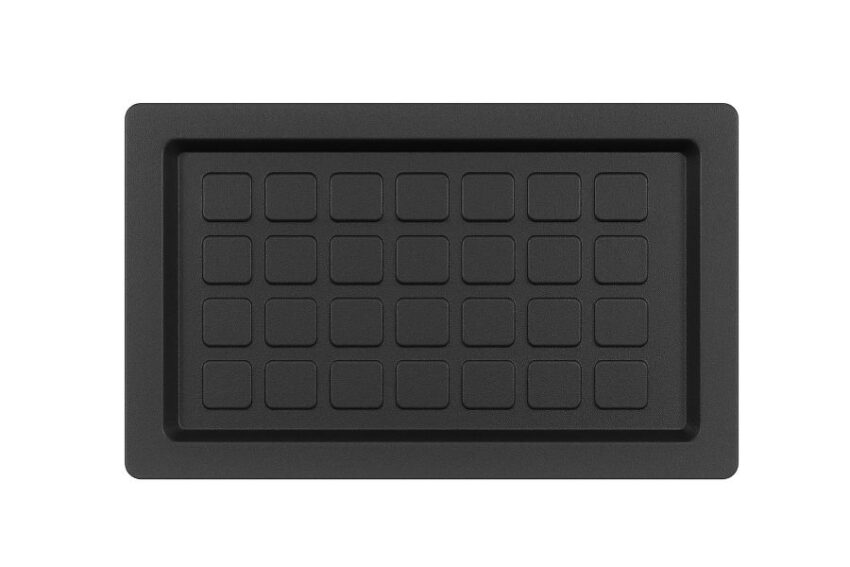 Black ABS recessed foundation vent cover for 8 by 16 openings, front view.