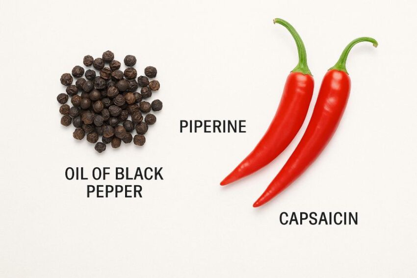 Black pepper and chili peppers labeled with the three active ingredients.