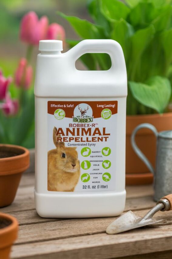 Bobbex-R Rabbit, Squirrel and Chipmunk Repellent Concentrate, 32 oz, on a potting bench beside spring perennials