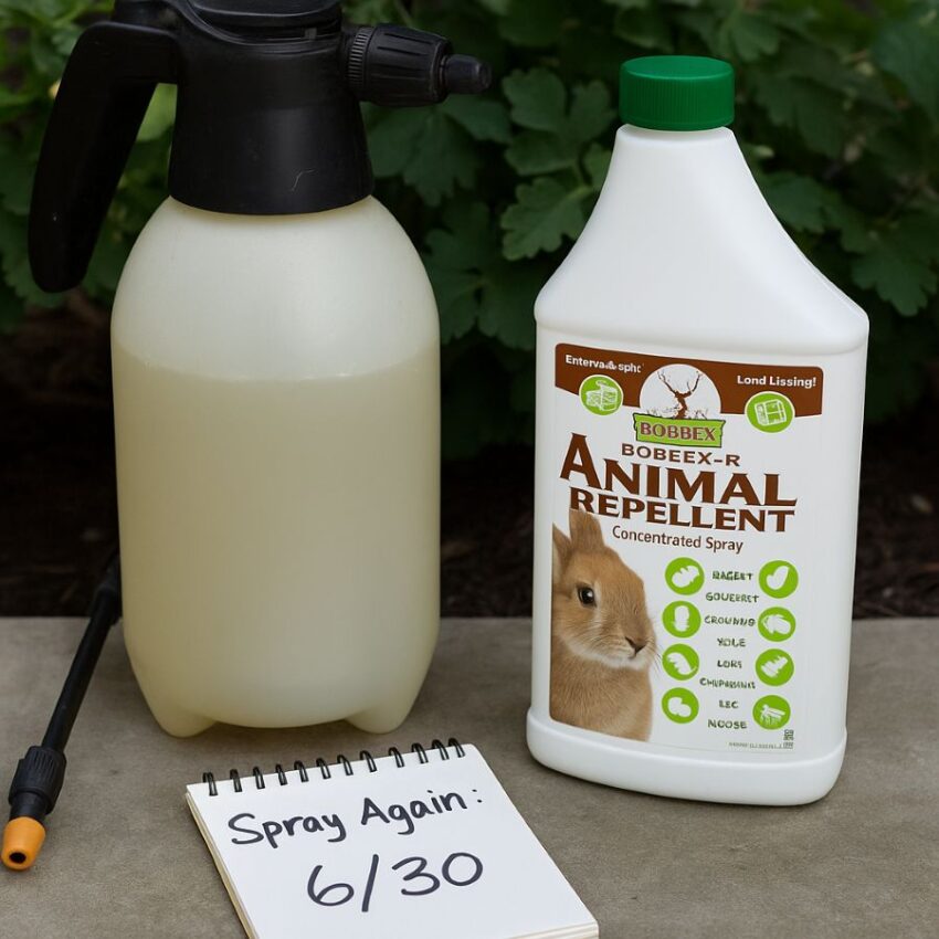Bobbex-R quart with a garden sprayer and a simple spray schedule note