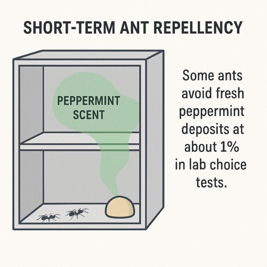 Cabinet diagram showing peppermint scent plume and short-term ant repellency concept
