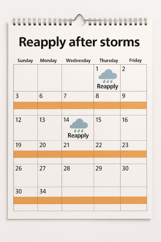 Calendar showing reapplication every two to four weeks and after heavy rain