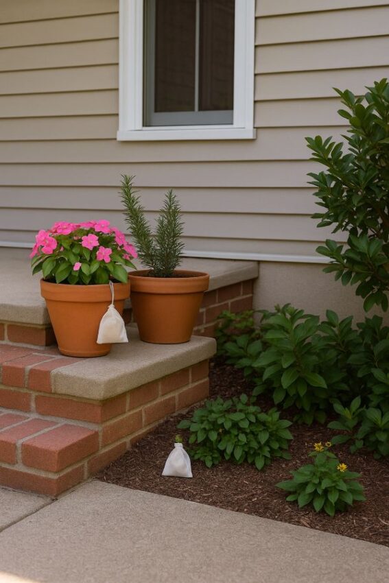 Calm garden scene with pouches and completed exclusion work