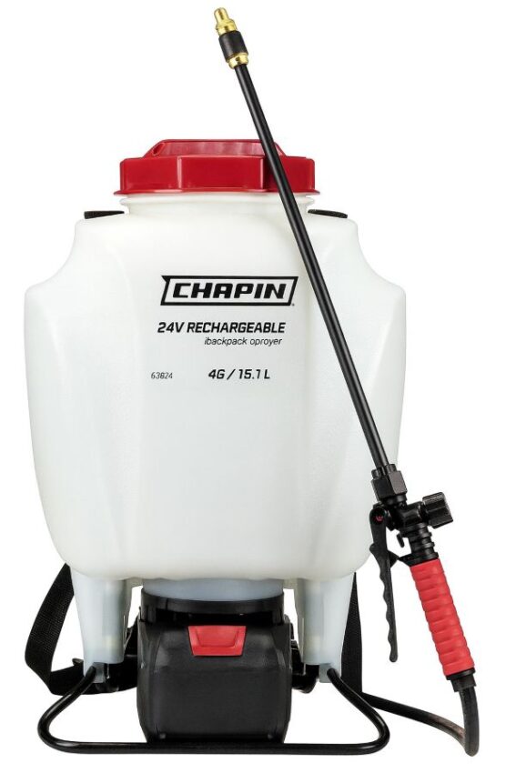 Chapin 63924 battery backpack sprayer with translucent tank, red lid, brass nozzle, and 24V base
