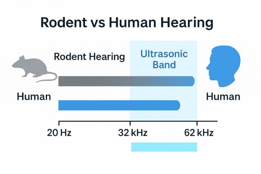 Chart comparing human hearing to mouse hearing with ultrasonic band highlighted.