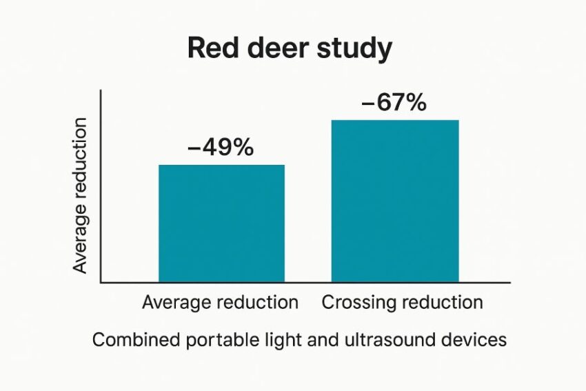 Chart summarizing red deer deterrent study reductions using portable light and ultrasound devices