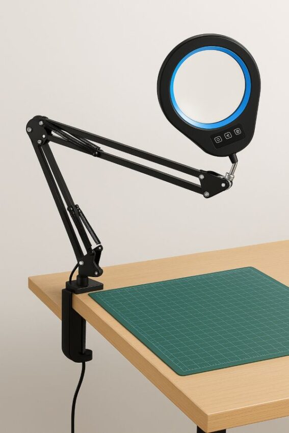 Clamp-on magnifying desk lamp with articulated arm positioned above a cutting mat