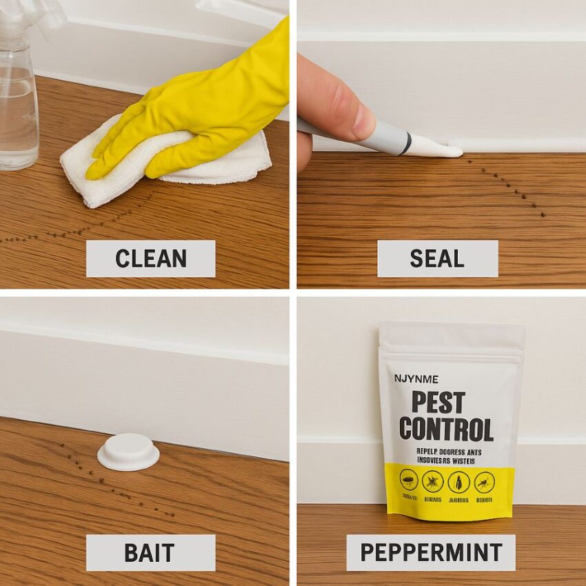 Clean, seal, bait, and peppermint placement to shut down a small ant problem.