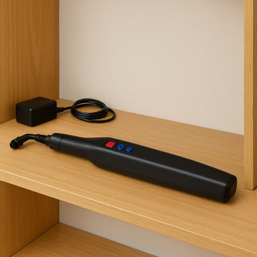 Clean sprayer handle stored dry indoors with charger, away from water.