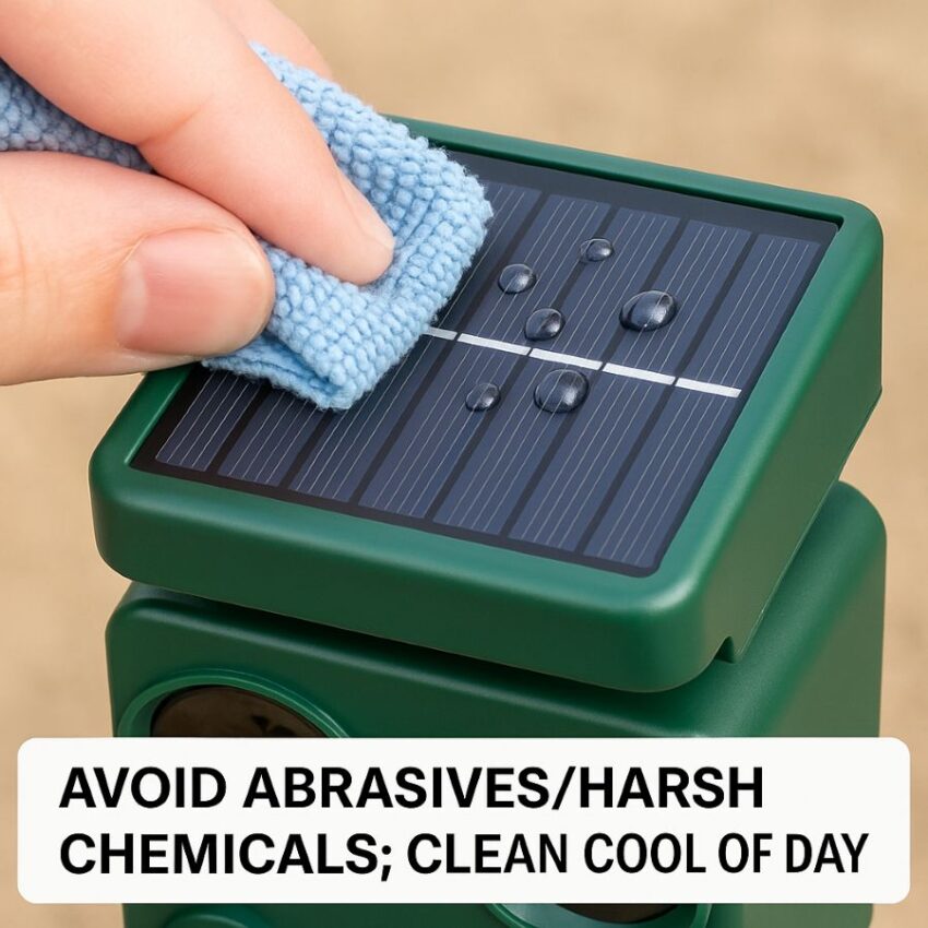 Cleaning a small solar panel with soft cloth and water; avoid harsh cleaners and heat