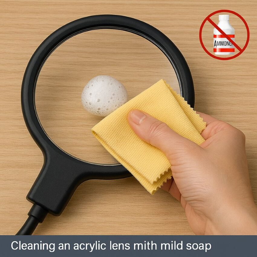 Cleaning an acrylic magnifier lens with mild soap and microfiber, avoiding ammonia cleaners.
