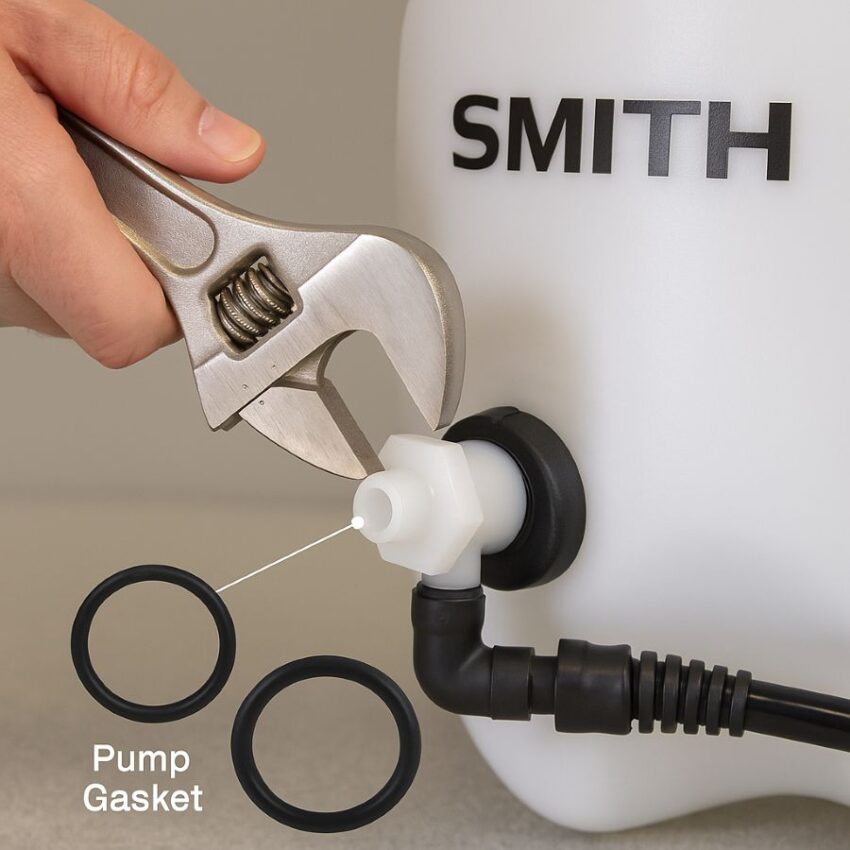 Close-up of an adjustable wrench loosening the pump nut on an NL400 sprayer