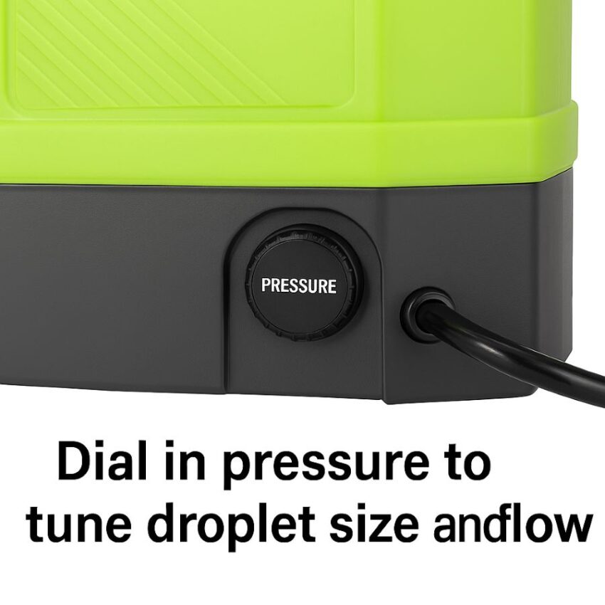 Close-up of backpack sprayer pressure control used to tune droplet size and flow