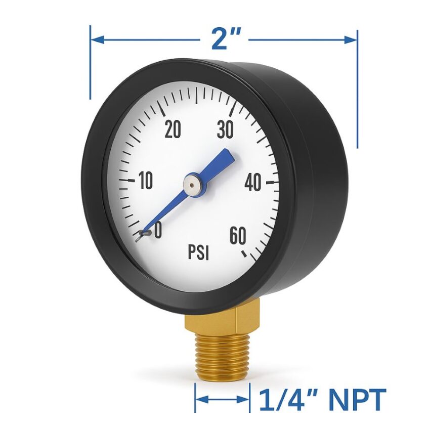 Compact 2 inch pressure gauge with center back 1/4 inch NPT brass connection