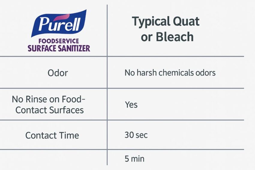 Comparison chart showing PURELL Foodservice with no-rinse claim and short contact time versus common alternatives.