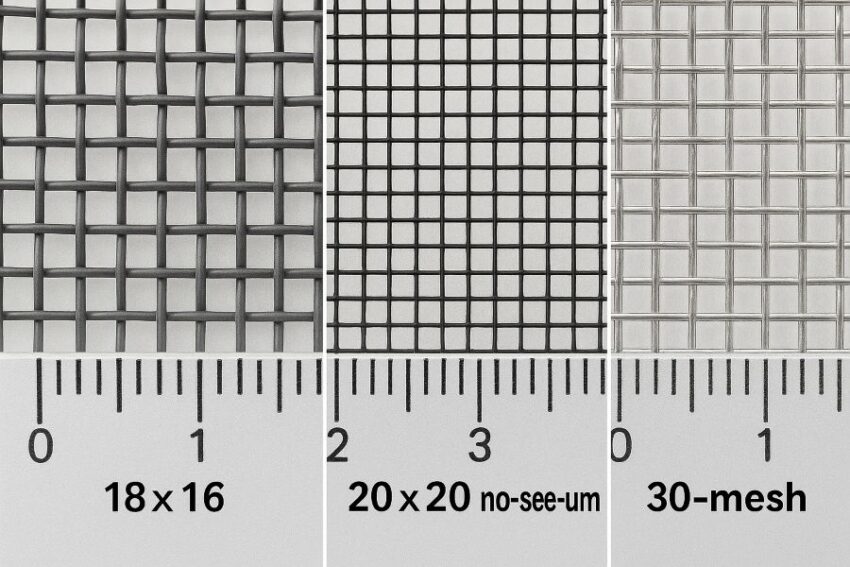 Comparison of 18×16, 20×20 no-see-um, and 30-mesh stainless openings over a millimeter scale