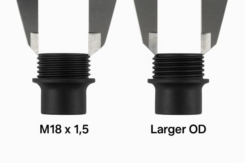 Comparison of M18 x 1.5 metric handle threads and a larger brand-specific thread size measured with calipers