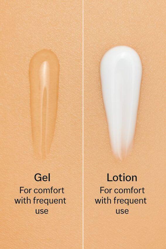Comparison of gel and lotion hand sanitizer textures on skin to highlight comfort with frequent use