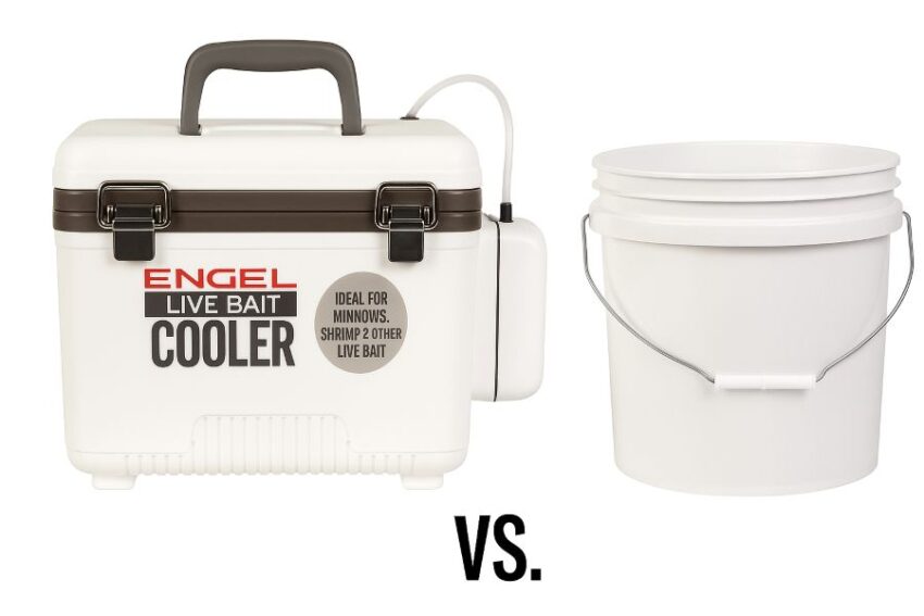 Comparison of insulated Engel live bait cooler with aerator next to a basic open bucket to highlight stability and airflow.