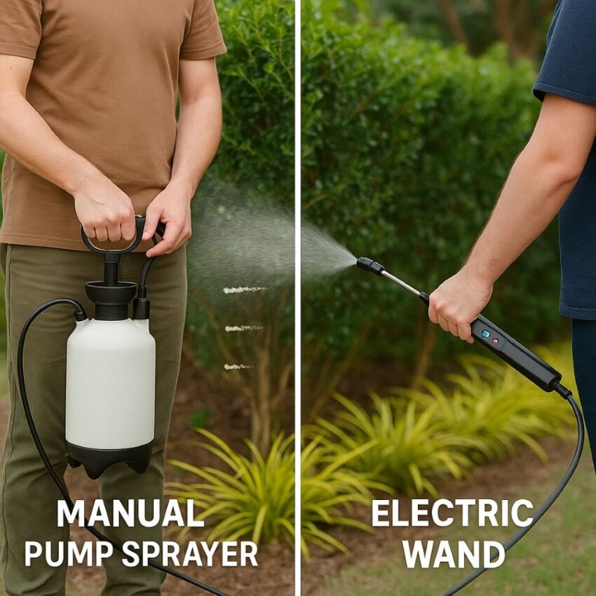 Comparison of manual pump sprayer with pressure dips versus electric wand with steady spray