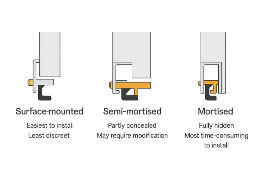 Comparison of surface-mounted, semi-mortised, and mortised automatic door bottoms.