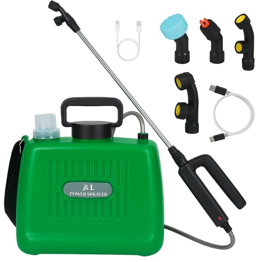 Complete 2 gallon battery sprayer kit with telescopic wand, hose, four nozzles, and charger.