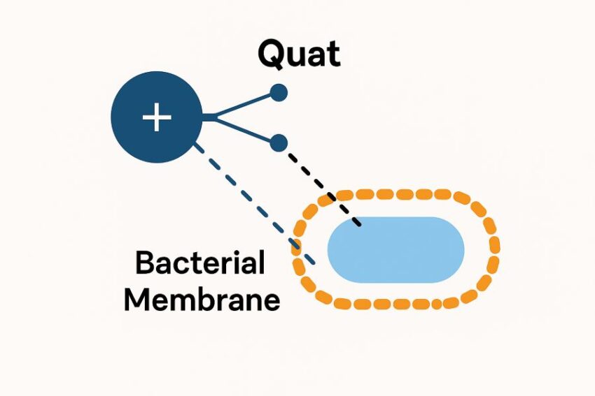 Conceptual diagram of quaternary ammonium disrupting bacterial membranes.