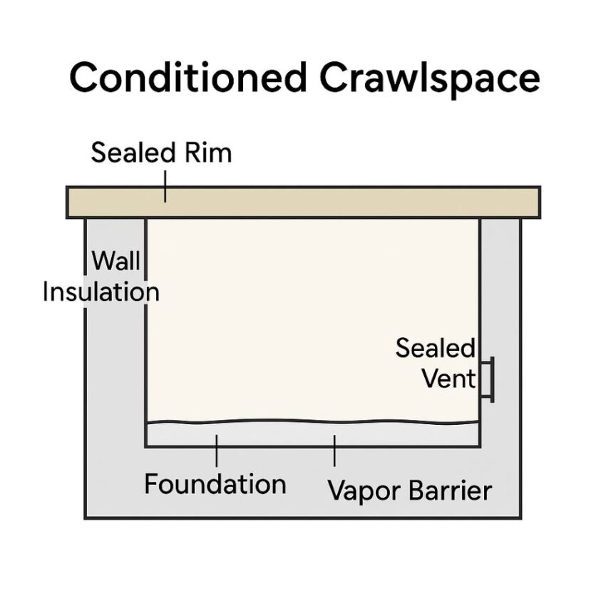 Conditioned crawlspace schematic with sealed vents, vapor barrier, and insulated walls.