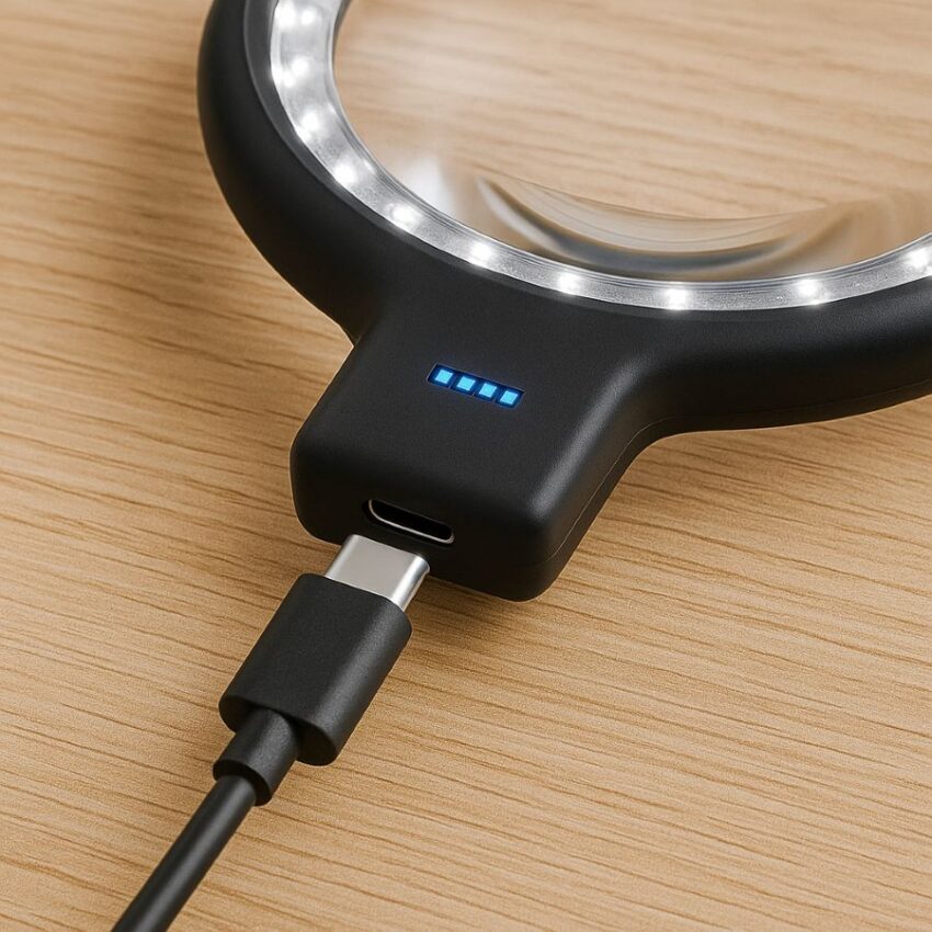 Connecting a USB-C cable to charge the LED magnifier before first use