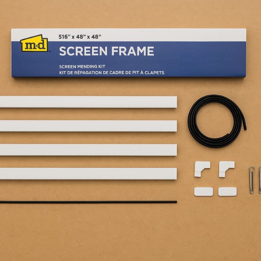 Contents of the M-D 14103 screen frame kit: four rails, corners, spline, pull tabs, and tension springs.