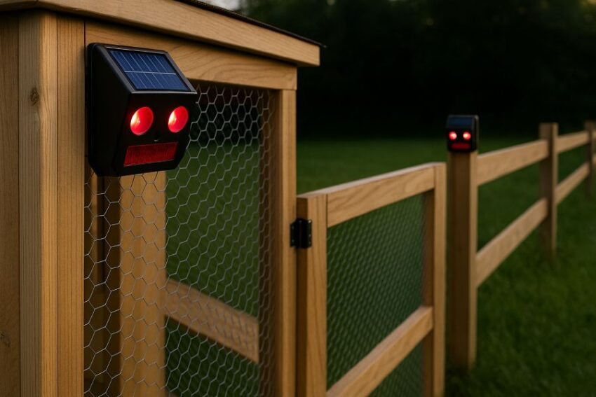 Corner-mounted light paired with a gate-facing light, plus spaced units along a fence line