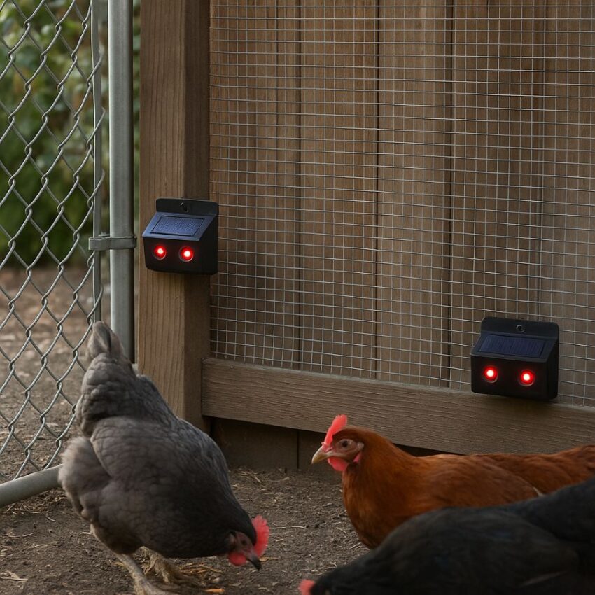 Corner of a backyard run with two lights at small-predator eye height and hardware cloth visible on the fence