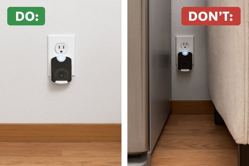 Correct placement in open outlet versus incorrect placement hidden behind large appliances.
