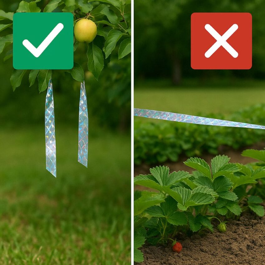 Correct short streamers at bird height vs incorrect tape stretched tightly over plants