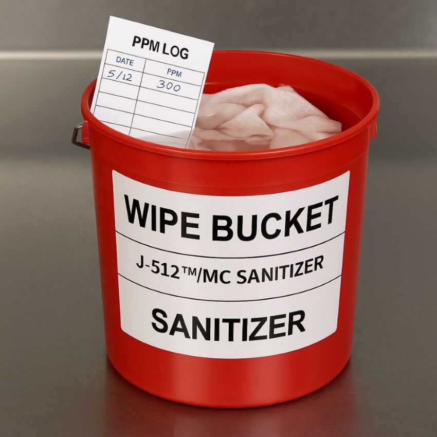 Correctly labeled wipe bucket with J-512 solution and daily ppm log