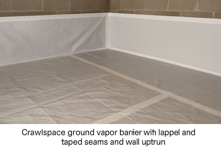 Crawlspace ground vapor barrier with lapped and taped seams and wall upturn