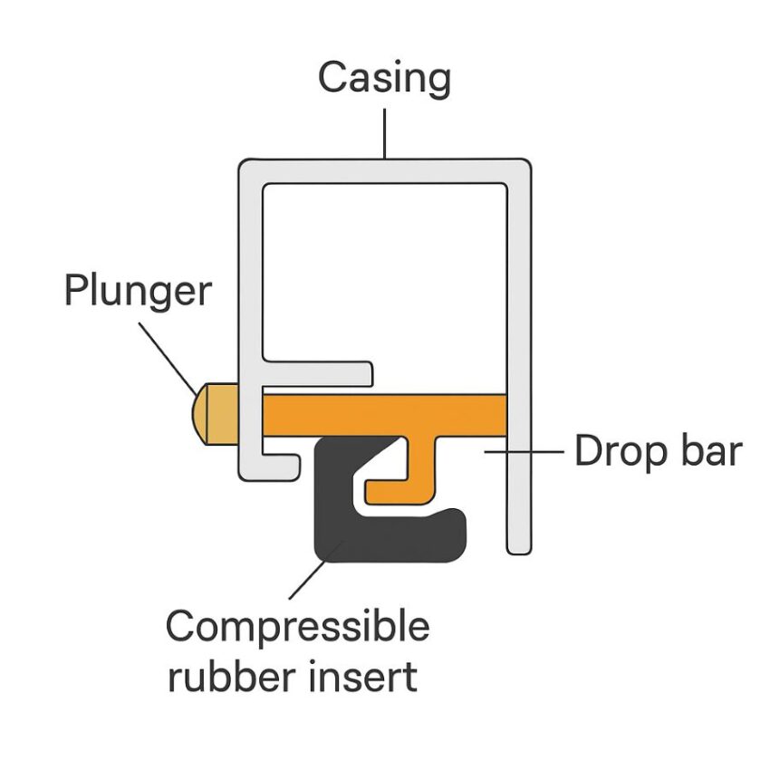 Cross-section of automatic door bottom with labeled plunger, drop bar, and rubber insert