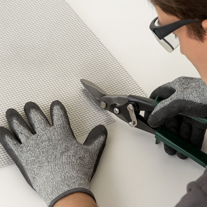 Cut-resistant gloves using aviation snips to cut stainless 10-mesh along a straight wire