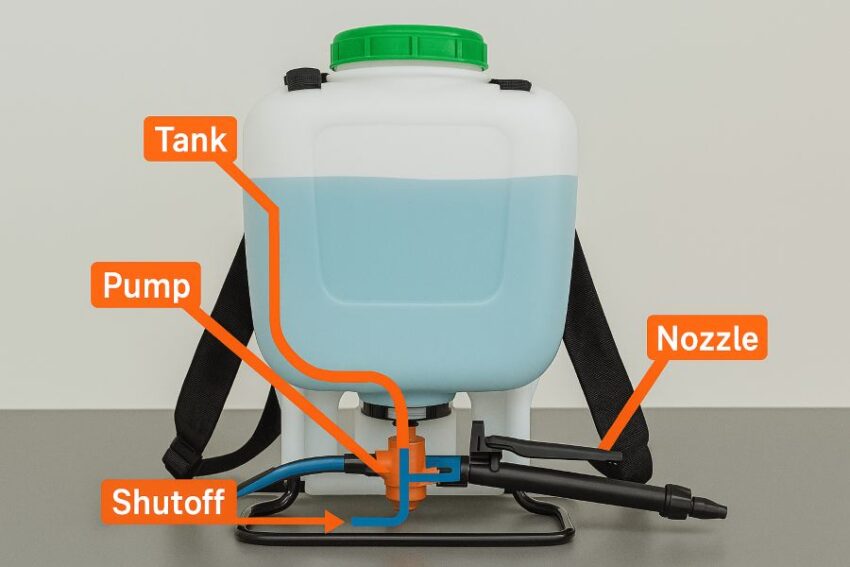 Cutaway diagram showing liquid path from tank through pump, hose, shutoff, and nozzle on a backpack sprayer.