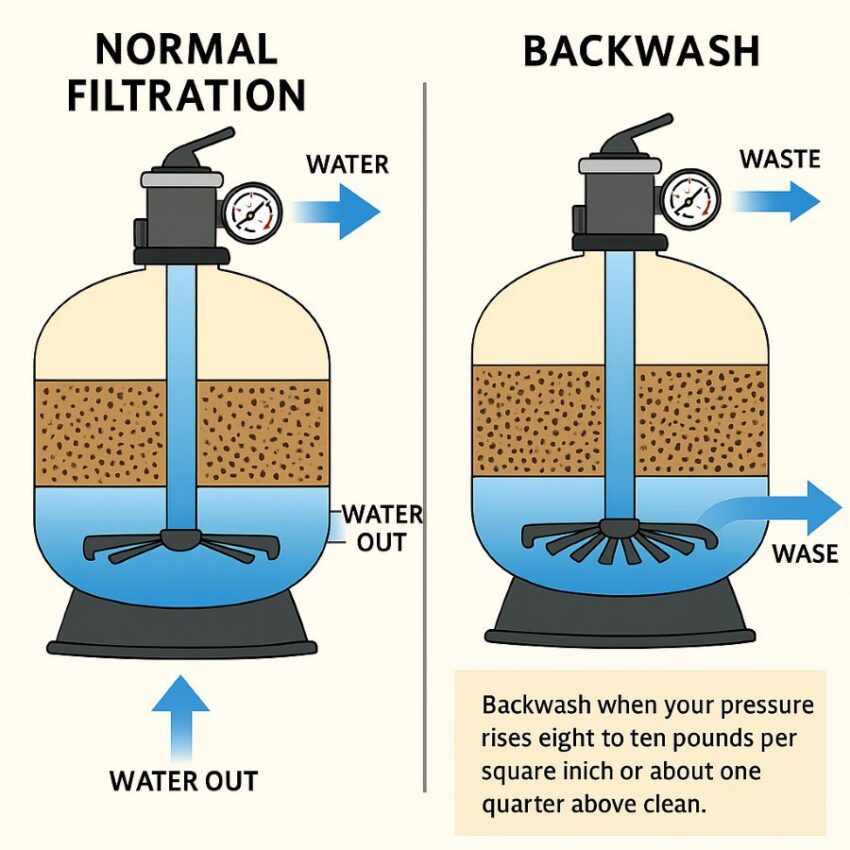 Cutaway diagram contrasting normal filtration and backwash flow inside a sand filter