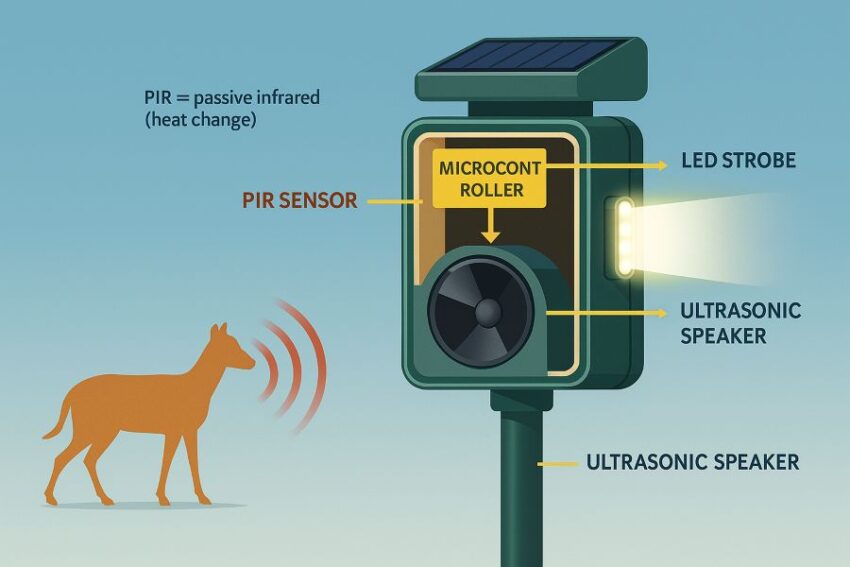 Cutaway diagram of PIR motion detection triggering ultrasonic tones and LED strobe