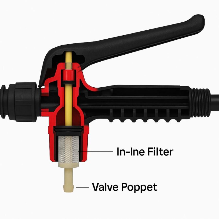 Cutaway of shut-off handle showing internal valve poppet and cleanable in-line filter