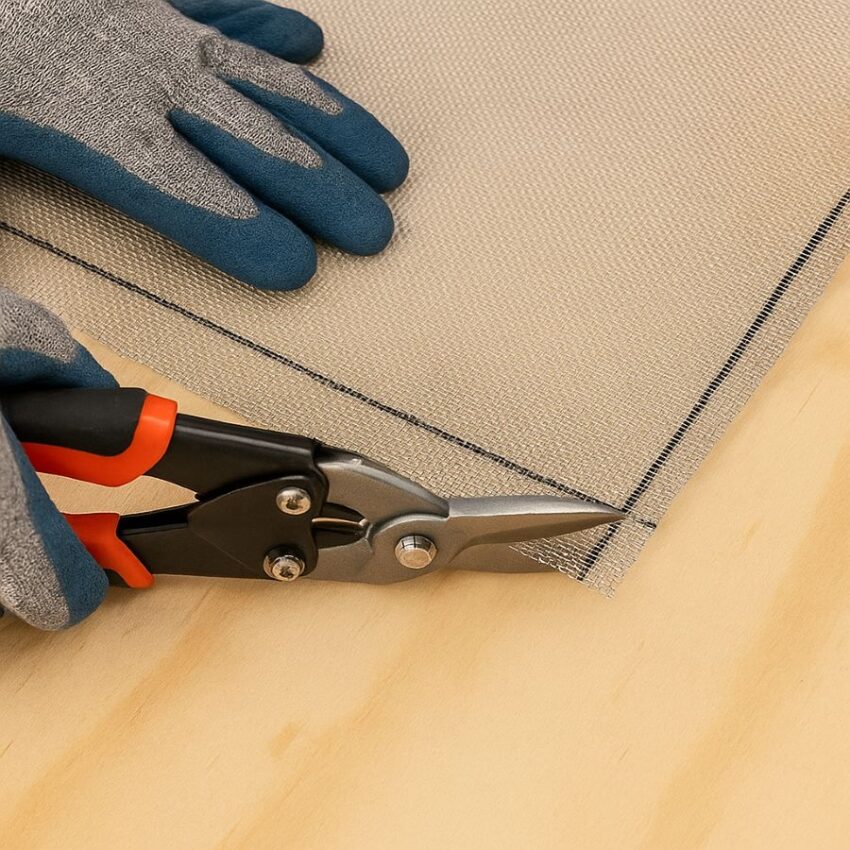 Cutting 30-mesh stainless on a backed surface with aviation snips and gloves