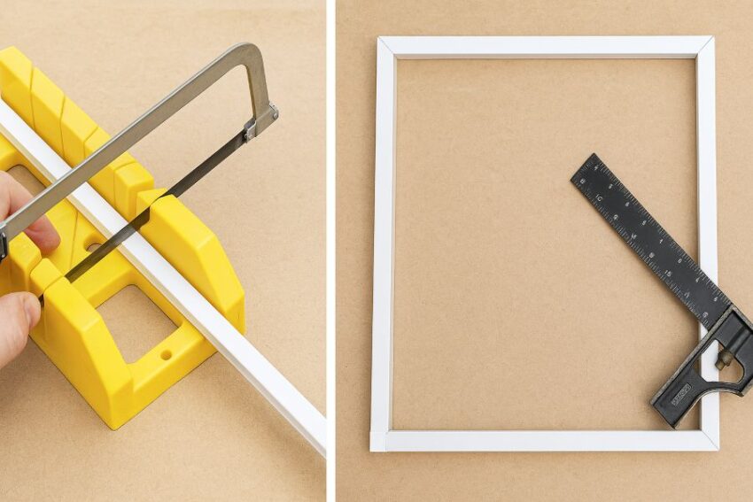 Cutting a screen frame rail in a miter box and squaring the assembled rectangle