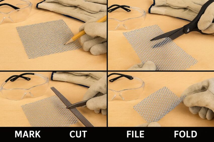 Cutting aluminum mesh with craft shears, then filing and folding the edge for safety