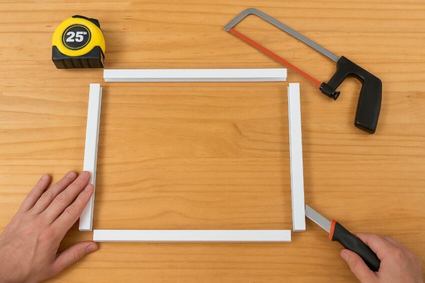 Cutting aluminum rails and dry-fitting the rectangular frame on a bench